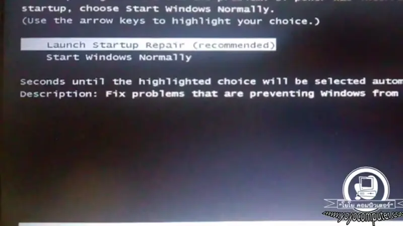 หน้าจอ Launch Startup Repair (recommended) บน Windows 7
