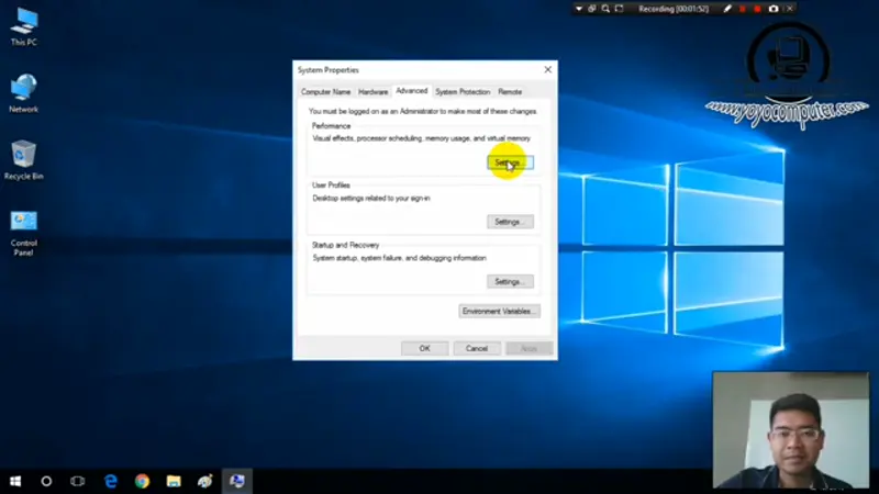 หน้าต่าง System Properties > Advanced > Performance Settings