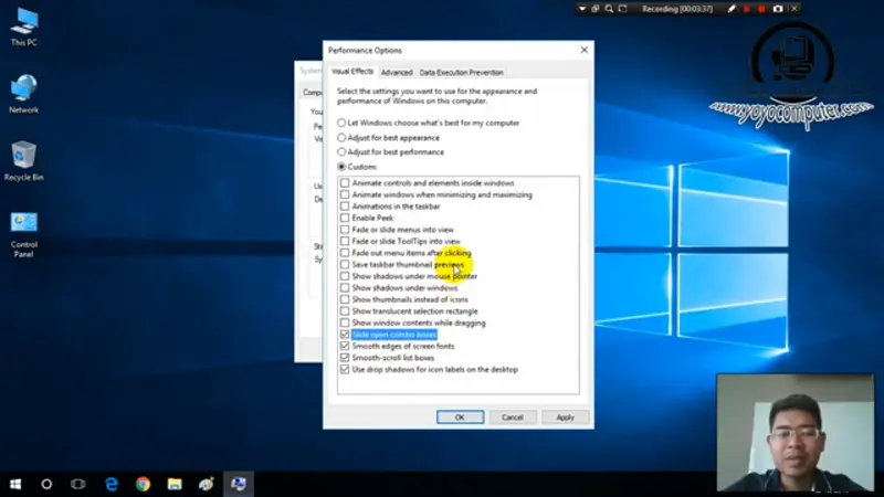 หน้าต่าง Performance Options เลือก Adjust for best performance